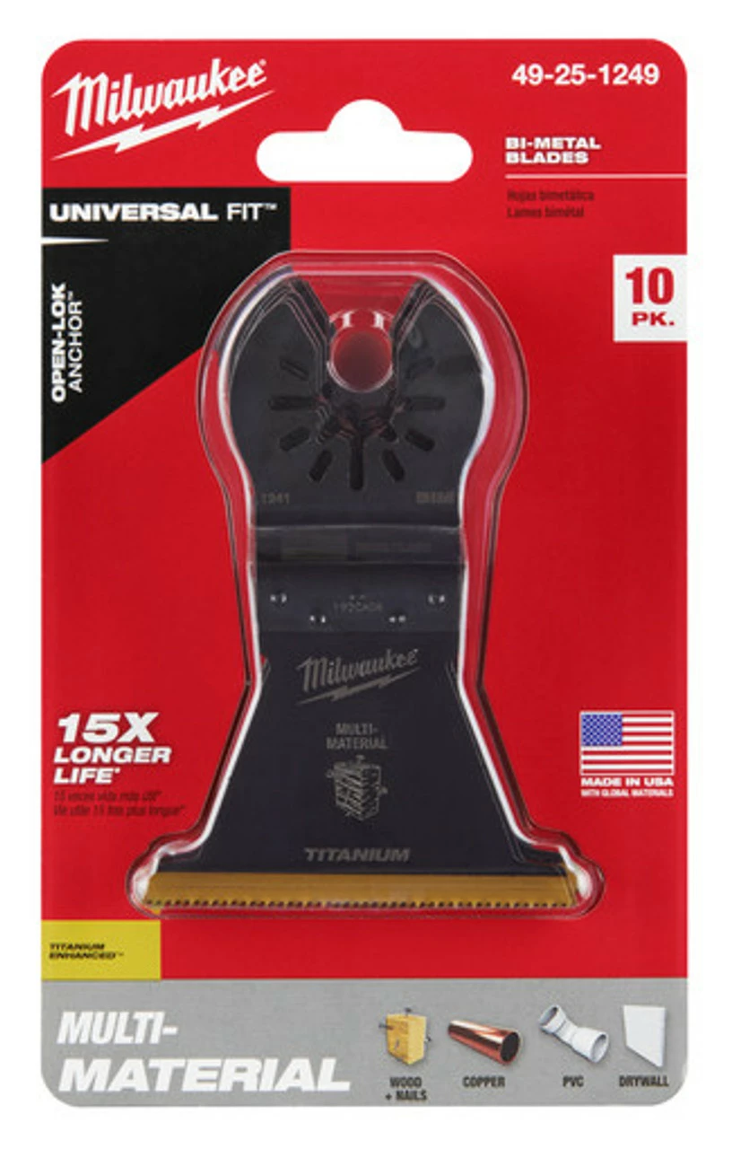 Milwaukee 49-25-1249 OPEN-LOK 2-1/2 In. Titanium Enhanced Bi-Metal Multi-Material Blade 10 Pk 3 Milwaukee 49-25-1249 OPEN-LOK 2-1/2 In. Titanium Enhanced Bi-Metal Multi-Material Blade 10 Pk
