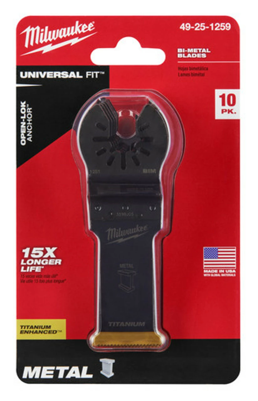 Milwaukee 49-25-1259 OPEN-LOK 1-1/8 In. Titanium Enhanced Bi-Metal Metal Blade 10 Pk 3 Milwaukee 49-25-1259 OPEN-LOK 1-1/8 In. Titanium Enhanced Bi-Metal Metal Blade 10 Pk