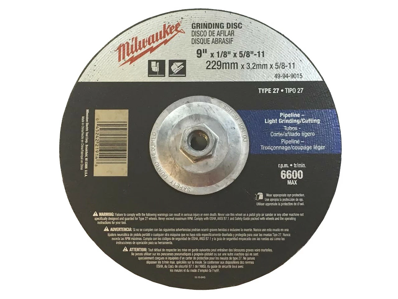 Milwaukee 49-94-9015 9 In X 1/8 In X 5/8-11 In Grinding Wheel Type 27 3 Milwaukee 49-94-9015 9 In X 1/8 In X 5/8-11 In Grinding Wheel Type 27
